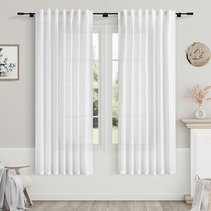 Nanspring White Linen Curtains for Bedroom Back Tab Light Filtering Privacy by Nanspring