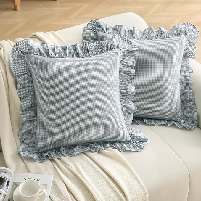 Blue/White Plaid Ruffle Throw Pillow Covers Farmhouse Checkered Gingham 18"x18" - Image 2