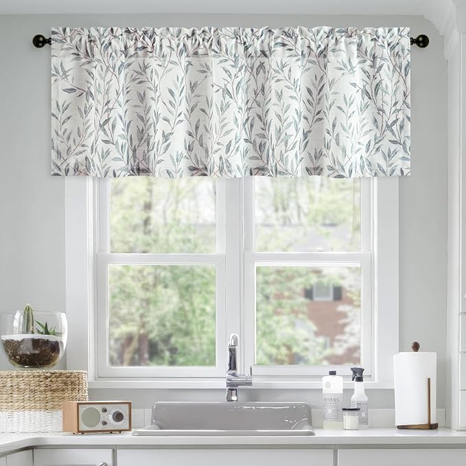 Leeva Faux Linen Leaves Print Valances by Leeva