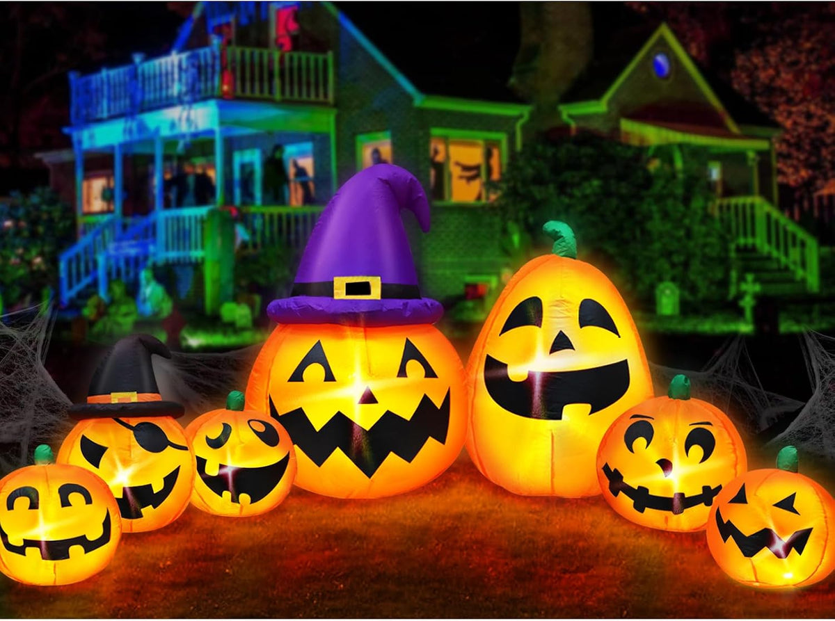 12 Ft Long Halloween Inflatables Pumpkins Outdoor Decor Built-in LED Lights