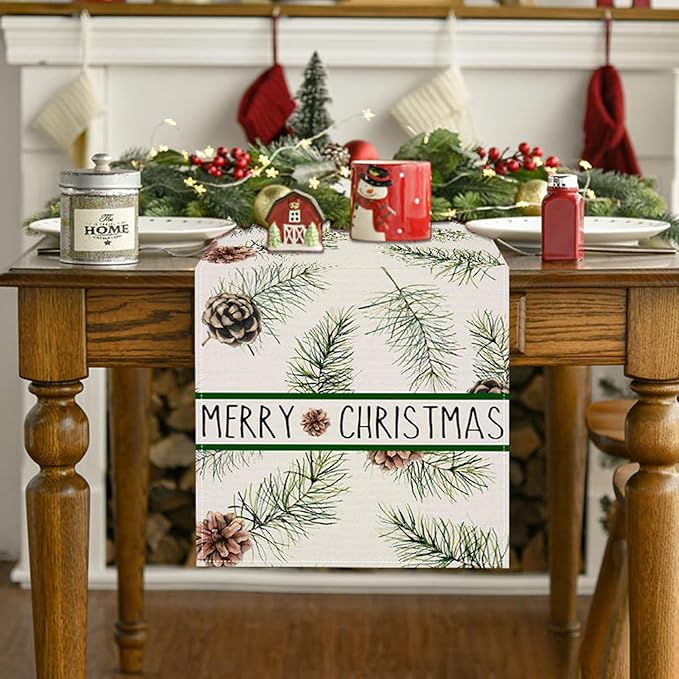 Pine Cones Christmas Table Runner 13x72 Inch Winter Pinecone Branches Merry - Image 2