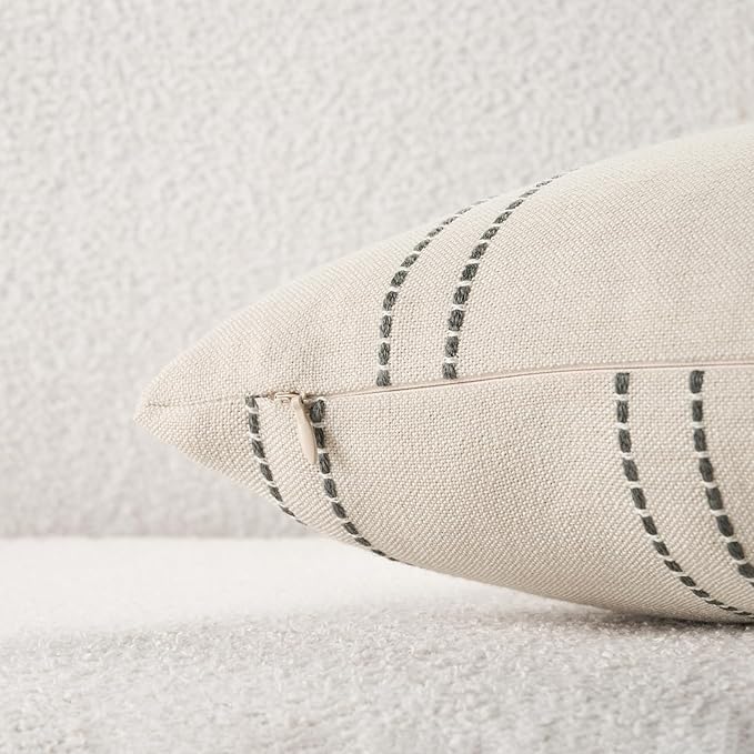 Decorative Throw Pillow Covers 18x18 Inch Set of 2 Linen Striped Accent Neutral - Image 2