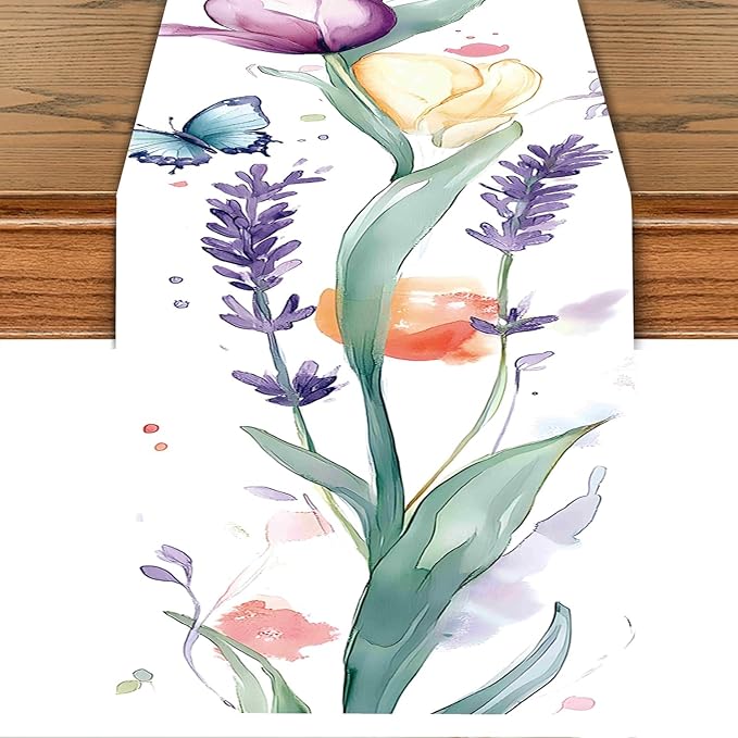 Elegant Hand-Painted Watercolor Floral Table Runner – Spring Tulip & Lavender by THISFIND