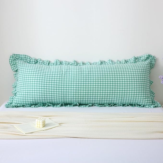 Spa Blue White Plaid Ruffle Gingham Bedding Body Pillow Cover, 100% Washed by KMASANIJI