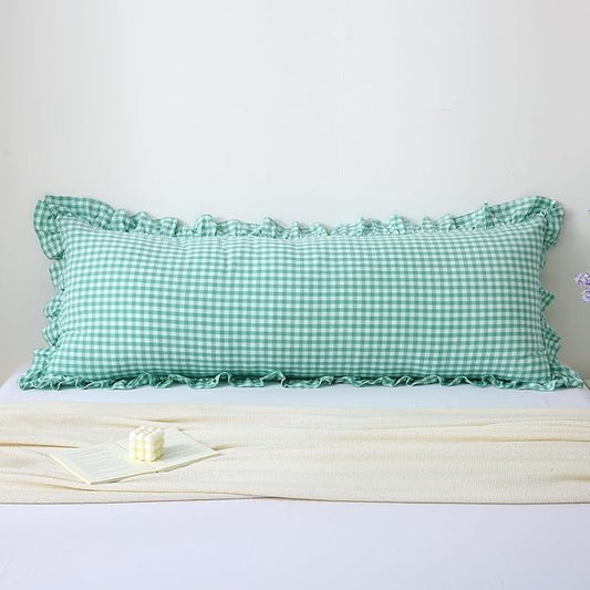 Spa Blue White Plaid Ruffle Gingham Bedding Body Pillow Cover, 100% Washed by KMASANIJI