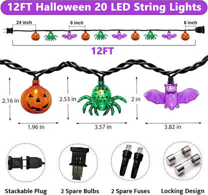 Couah Halloween Pumpkin Bat Spider LED String Lights, 12Ft Jack O Lantern Lights with 20 PCS Pumpkin Bat Spider Plug-in Waterproof for Outdoor Indoor Halloween Decorations