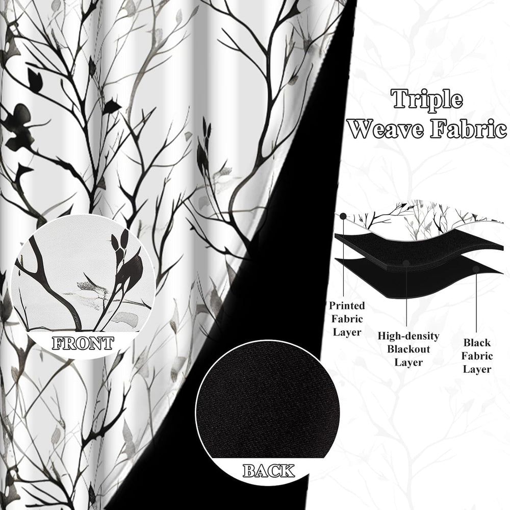 Grey Watercolor Branchs Room Darkening Curtains 63 Inches Length Black White ...