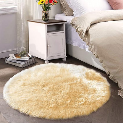 Latepis Yellow Rug for Bedroom Circle Faux Sheepskin Fur Round Rugs 5ft Furry - Image 2