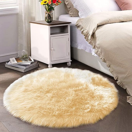 Latepis Yellow Round Rug for Living Room Faux Sheepskin Round Rugs 6ft Circle by Latepis