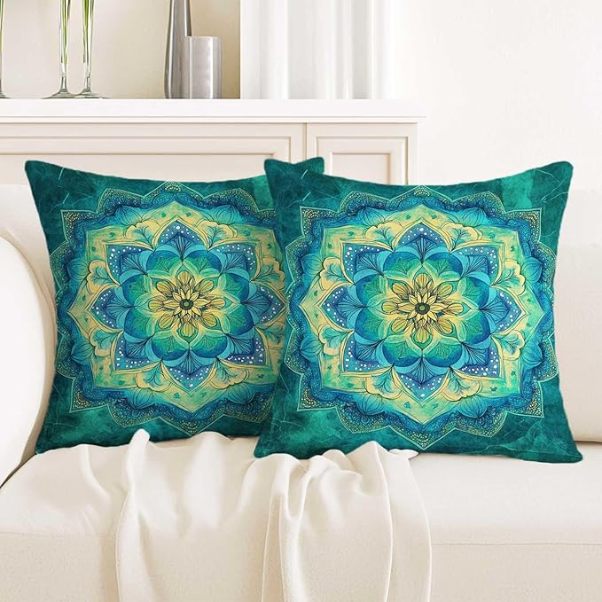 Mandala Flower Throw Pillow Covers 18x18 Set of 2 | Teal Bohemian Decorative by Unknown