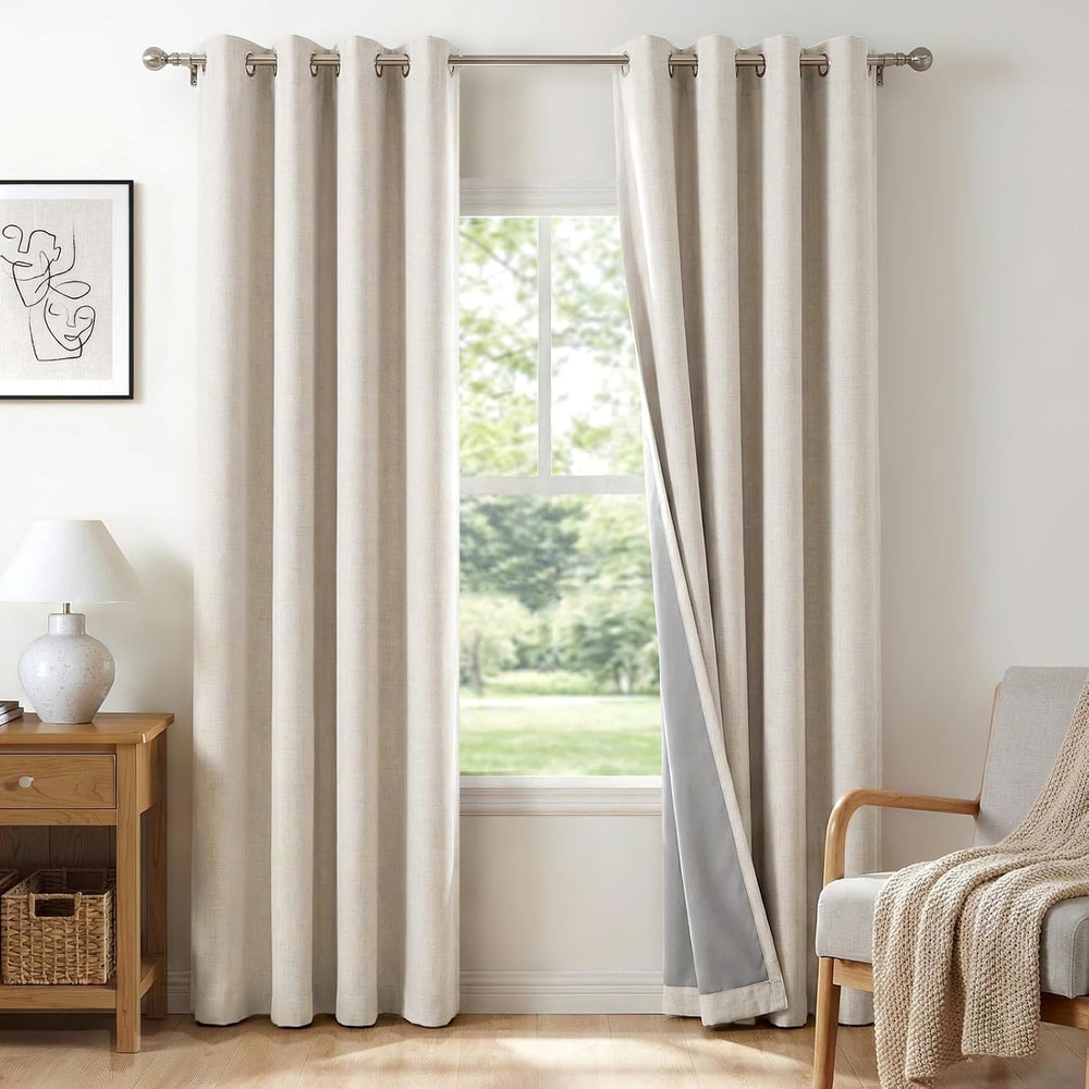 100% Blackout Linen Curtains 72 Inch Long 2 Panels Set, Beige
