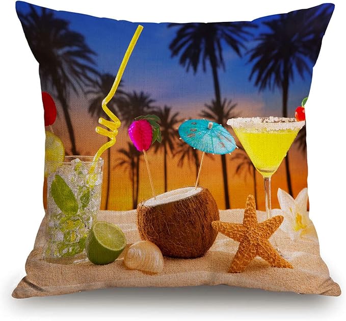 Decorative Throw Pillow Cover, Beach Cocktail Sunset on Palm Tree Sand Mojito - Image 3
