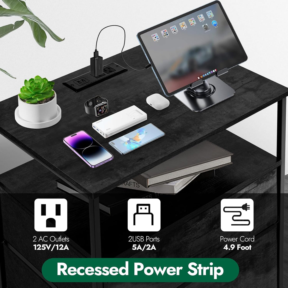 3-drawer led nightstand with charging station, black., package contents