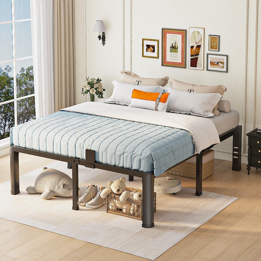 18 inch Queen Bed Frame with Round Corner Legs and Headboard Hole Mattress Sl...