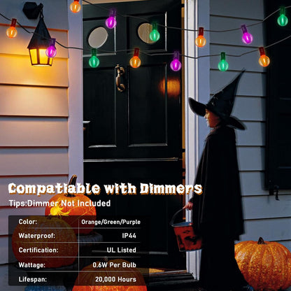 SUNSGNE 25FT Globe Outdoor Halloween String Lights G40 LED String Lights with 27 LED Shatterproof Clear Orange Green Purple Bulbs(2 Spare) for Patio Balcony Backyard Pergola Decor