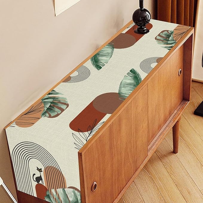 Mid Century Modern Table Runner, Abstract Green Leaves Black Cat Tropical - Image 3
