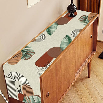 Mid Century Modern Table Runner, Abstract Green Leaves Black Cat Tropical - Image 3