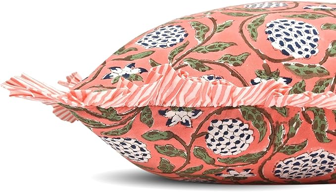 Ridhi Dark Salmon Pink 100% Cotton Block Print Ruffle Lumbar Sham Cover - Image 3