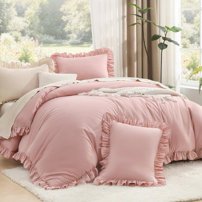 litanika queen comforter set, 3 pieces blush ruffle, main product view