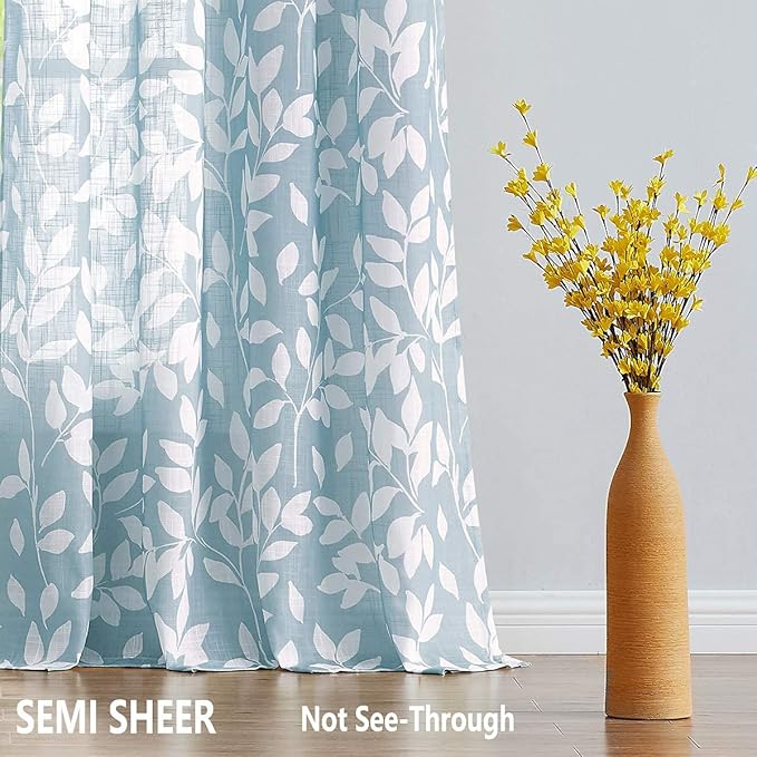 White Blue Curtains for Bedroom 72 inches Long Living Room Drapes Leaf Print - Image 4