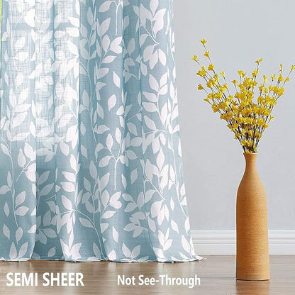 White Blue Curtains for Bedroom 72 inches Long Living Room Drapes Leaf Print - Image 4