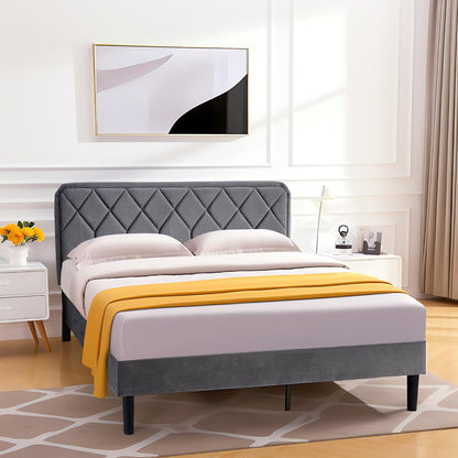 vecelo queen size bed frame, velvet upholstered platform, side view