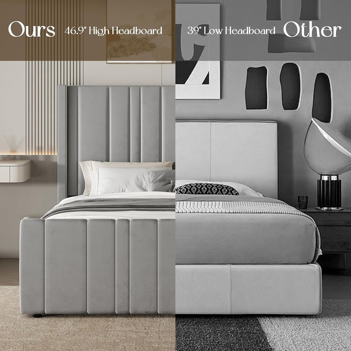 hombck bed frame queen size with velvet headboard, side view