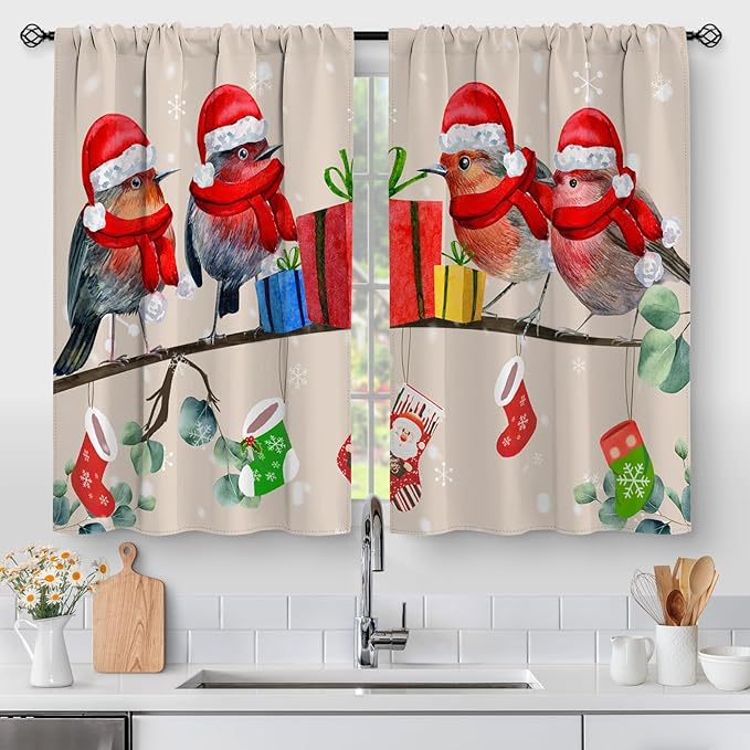 Aimego Christmas Birds Kitchen Curtains by Aimego