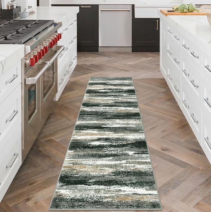 Modern Abstract Runner Rug 2x6, Forest Green Washable Kitchen Runner Non-Slip - Image 2