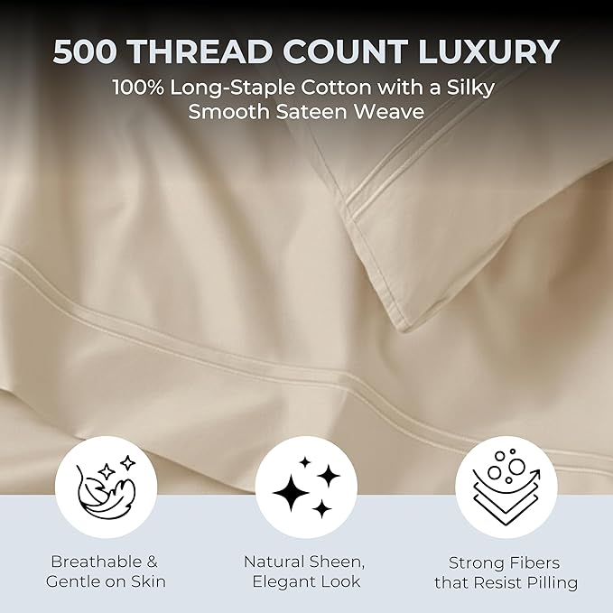 100% Natural Cotton Bed Sheets | 500 TC Single-Ply Sateen Weave Twin XL Sheets - Image 2