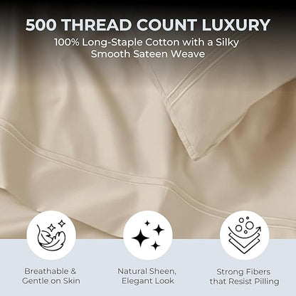 100% Natural Cotton Bed Sheets | 500 TC Single-Ply Sateen Weave Twin XL Sheets - Image 2