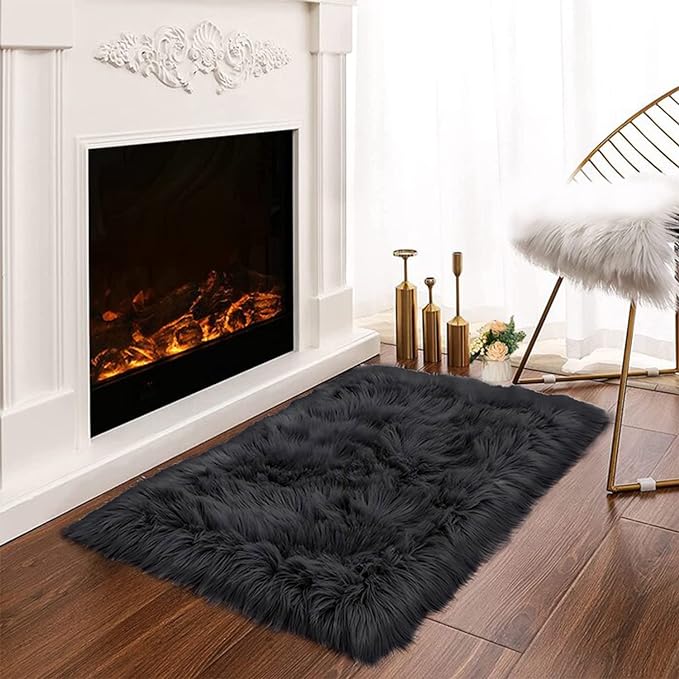 Latepis Black Fur Rug for Bedroom Throw Rugs 2x3 Faux Sheepskin Rug Washable by Latepis