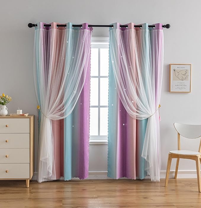 Star Girl and Kids Curtains for Bedroom Rainbow Ombre Double Layer Cute Shot - Image 6
