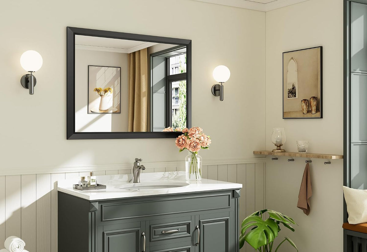 briivue black metal framed bathroom wall mirror, 40x30, close-up detail