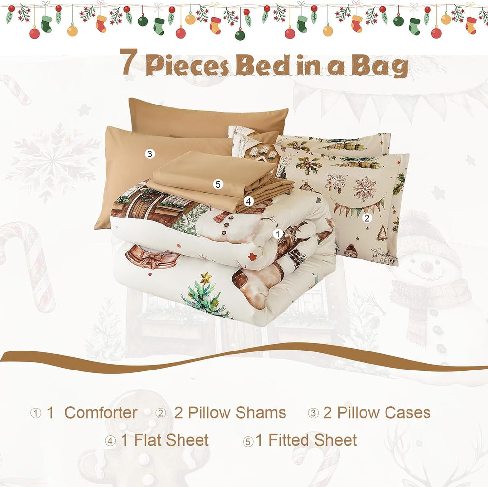 Luxudecor Christmas Comforter Set Queen Size 7 Pieces, Beige Farmhouse Bed in...