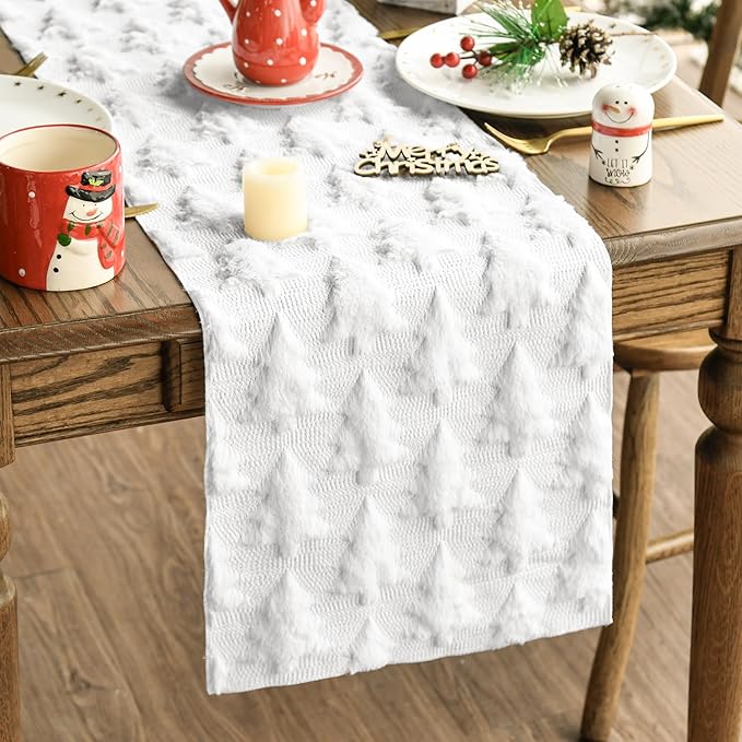 Artoid Mode Christmas Trees Soft Plush Faux Fur Jacquard Christmas Table Runner by ArtoidMode