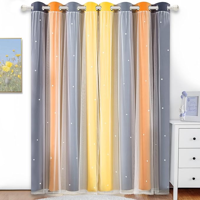 Kinryb Nursery/Kids/Girls Room Star Cut Out Blackout Rainbow Curtain - Image 2