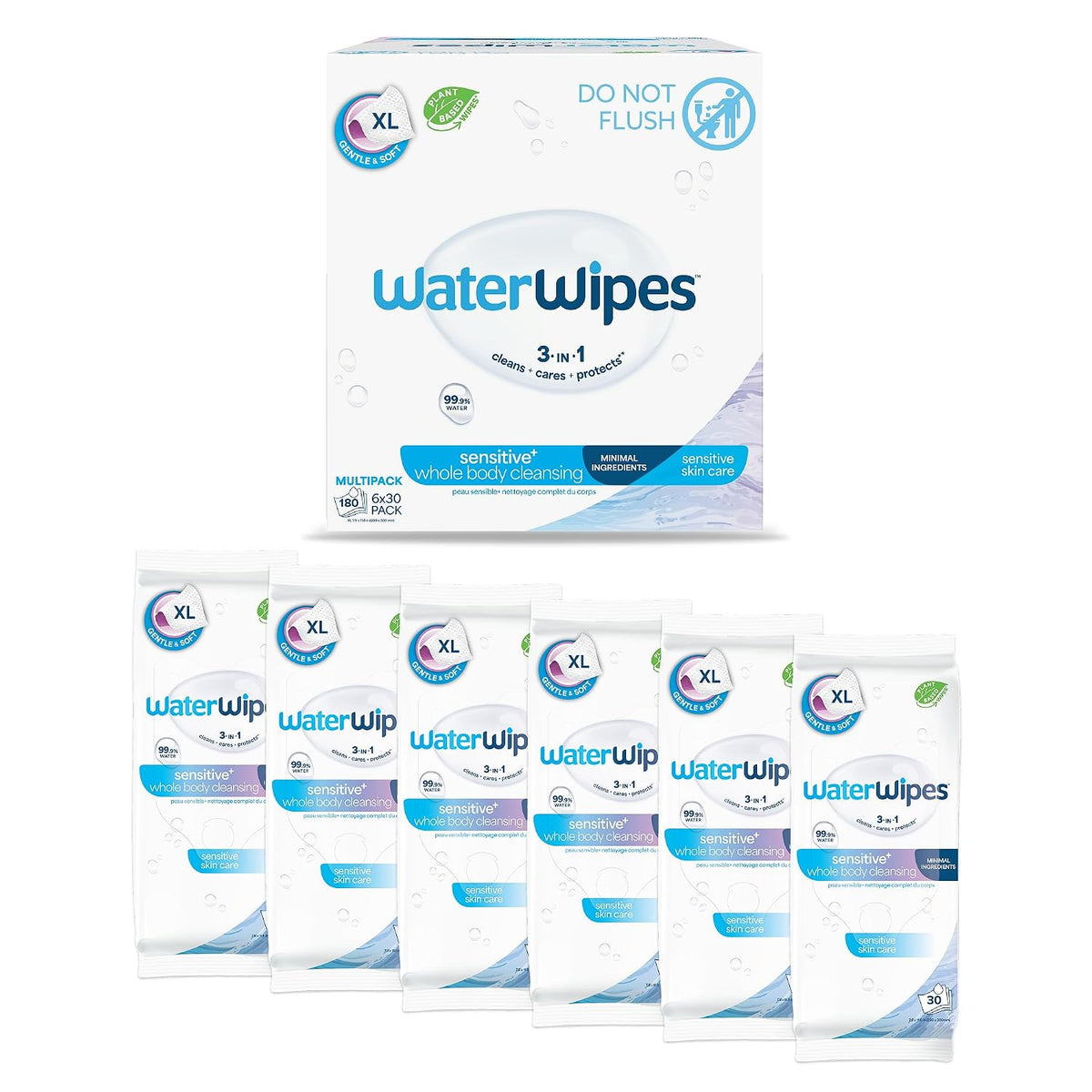 waterwipes sensitive whole body cleansing wipes, 99.9% purified, main product view