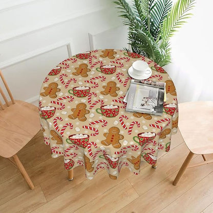 Christmas Tablecloth Round 60×60 Inch, Gingerbread Man Candy Cane Holiday - Image 2
