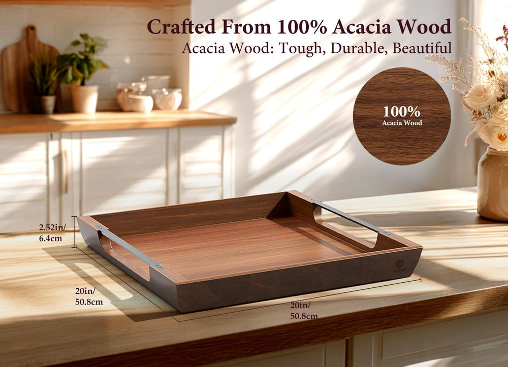 Large Ottoman Tray, 20in Square Acacia Wood Serving Tray with Handle