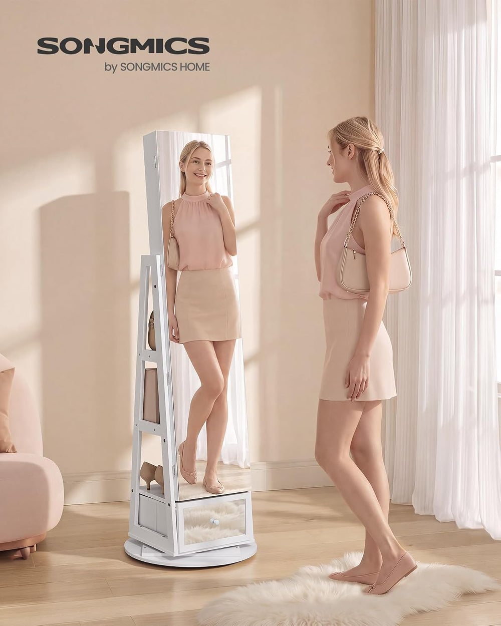 SONGMICS LED Jewelry Organizer, Full Length Mirror with Storage, Rotating