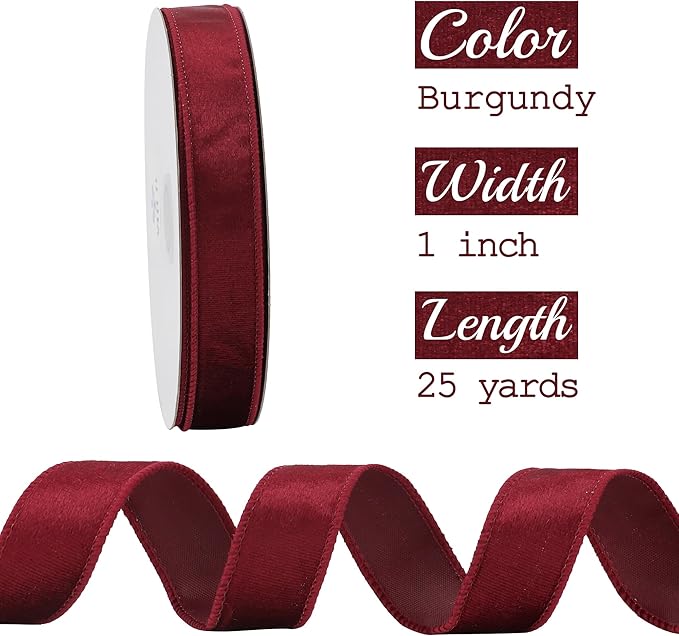 MEEDEE Burgundy Velvet 1 Inch Maroon Wired Ribbon 25 Yards Crushed Velvet - Image 2