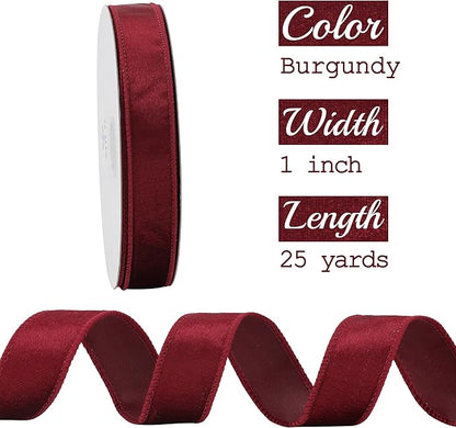 MEEDEE Burgundy Velvet 1 Inch Maroon Wired Ribbon 25 Yards Crushed Velvet - Image 2