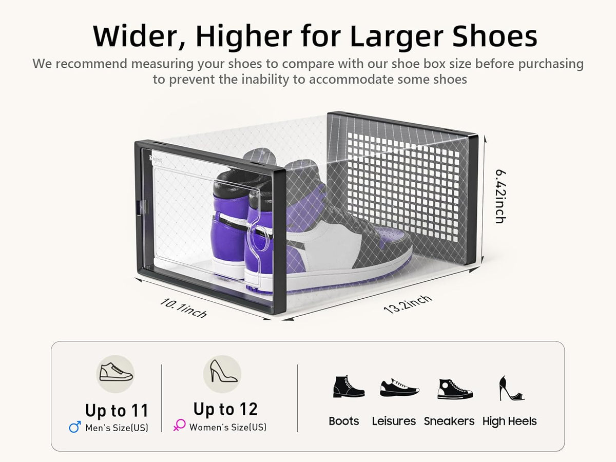 kuject x-large shoe storage boxes 12 pack, clear showing dimensions