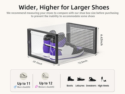 kuject x-large shoe storage boxes 12 pack, clear showing dimensions