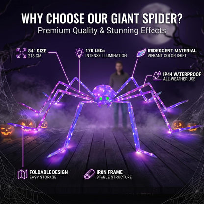 7FT Giant Halloween Spider Decorations Outdoor – Prismatic Iridescent Light-Up Spider with 170 LED Lights & Green Glowing Eyes, Easy Assembly, for Yard, Lawn, Porch, Garden, Haunted House, Party