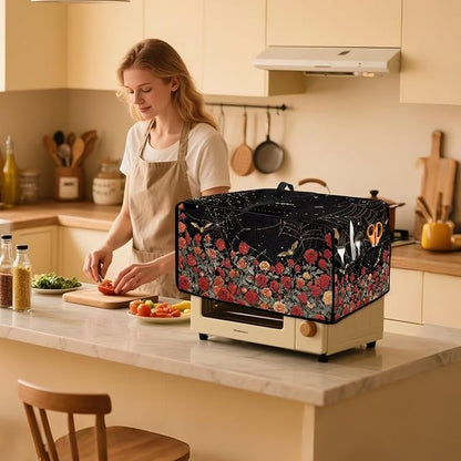 Red Rose Bat Cobweb Print Microwave Oven Dust Cover Polyester-Linen Fabric Dust - Image 2