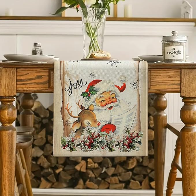 Vintage Christmas Santa Claus Table Runner 13x72 Inch Xmas Deer Joy Seasonal - Image 2