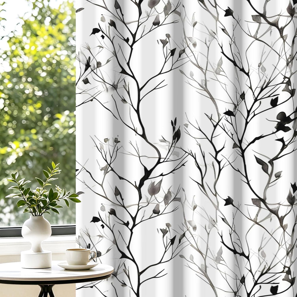 Grey Watercolor Branchs Room Darkening Curtains 63 Inches Length Black White ...