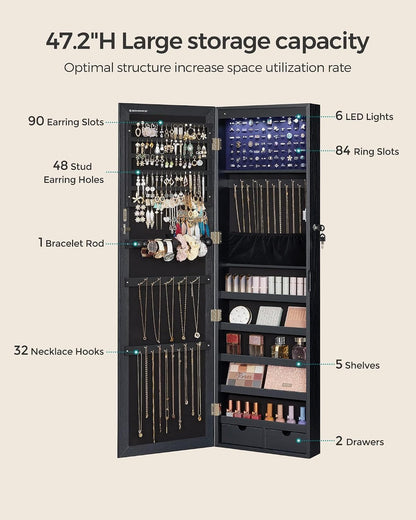 songmics 6 leds mirror jewelry cabinet, 47.2-inch tall showing dimensions